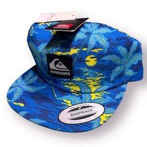 Quiksilver Blue Floral Snapback Hat Tropical Palm Trees Blue/Yellow Rare‎